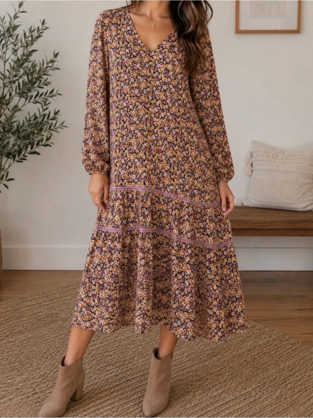 Floral Midi Dress in Yellow and Purple Tones